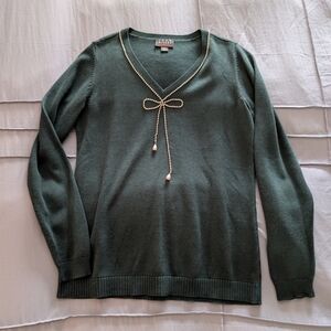 Joan Rivers Forest Green V-Neck Sweater with Rhinestone & Pearl Detail XS